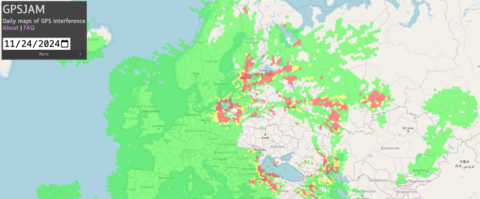 Image of how GIS data can be used to map global GPS interference in commercial and military airspace